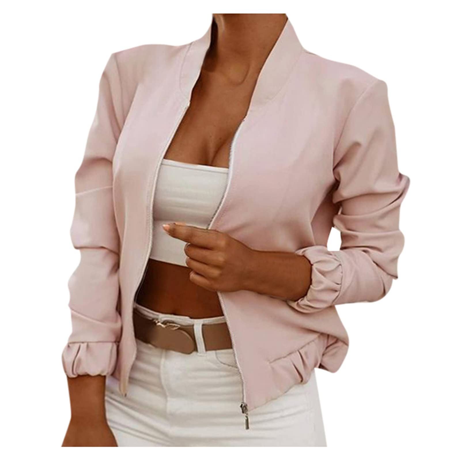 Women's Stand Collar Zip up Long Sleeve Jacket Casual Slim Fit Lightweight Outwear Solid Biker Bomber Jacket