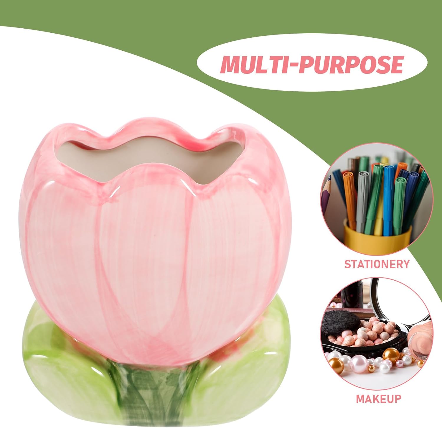 VILLCASE Tulip Makeup Brush Holder Ceramic Pen Holder, Cute Pink Design Stationery Pencil Stand Cups Desk Organizer Small Storage Container for Home Office Decor