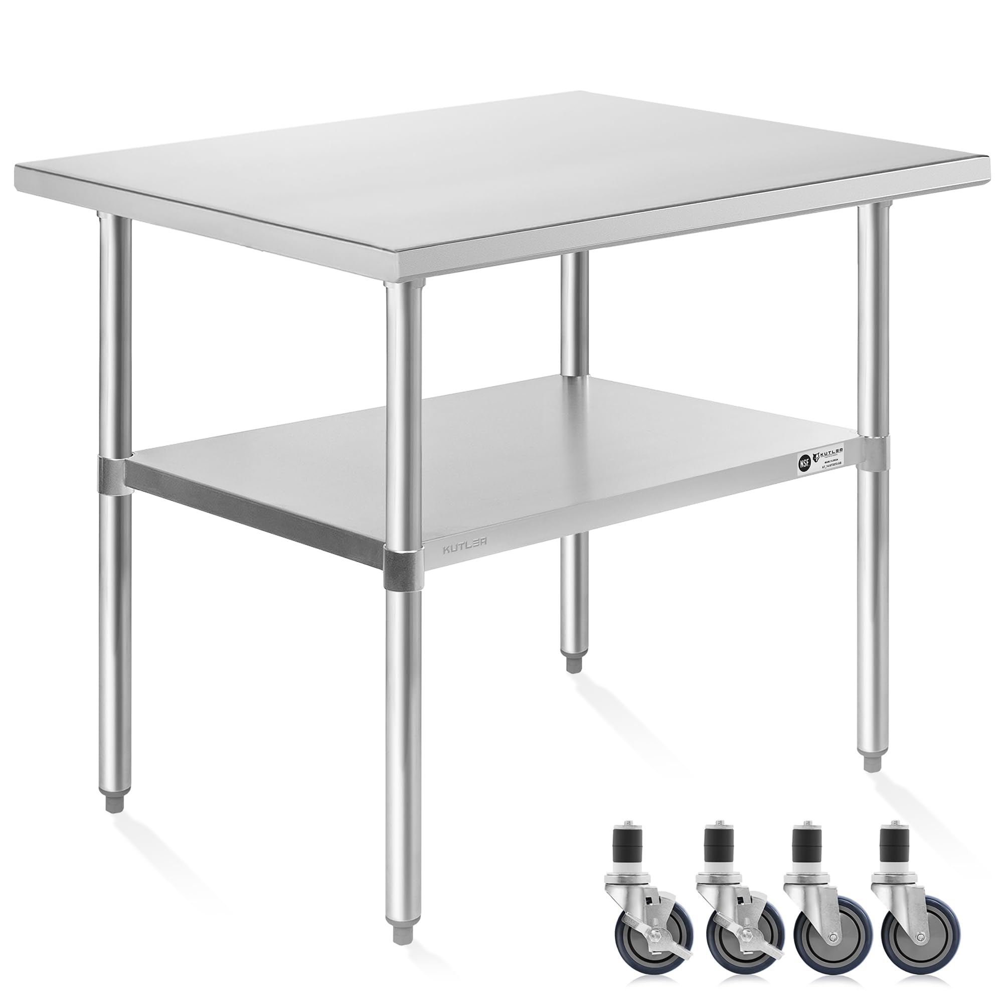 KUTLER Stainless Steel Table 30 x 48 Inches with Caster Wheels, NSF Heavy Duty Commercial Prep and Work Table with Undershelf for Restaurant, Hotel,