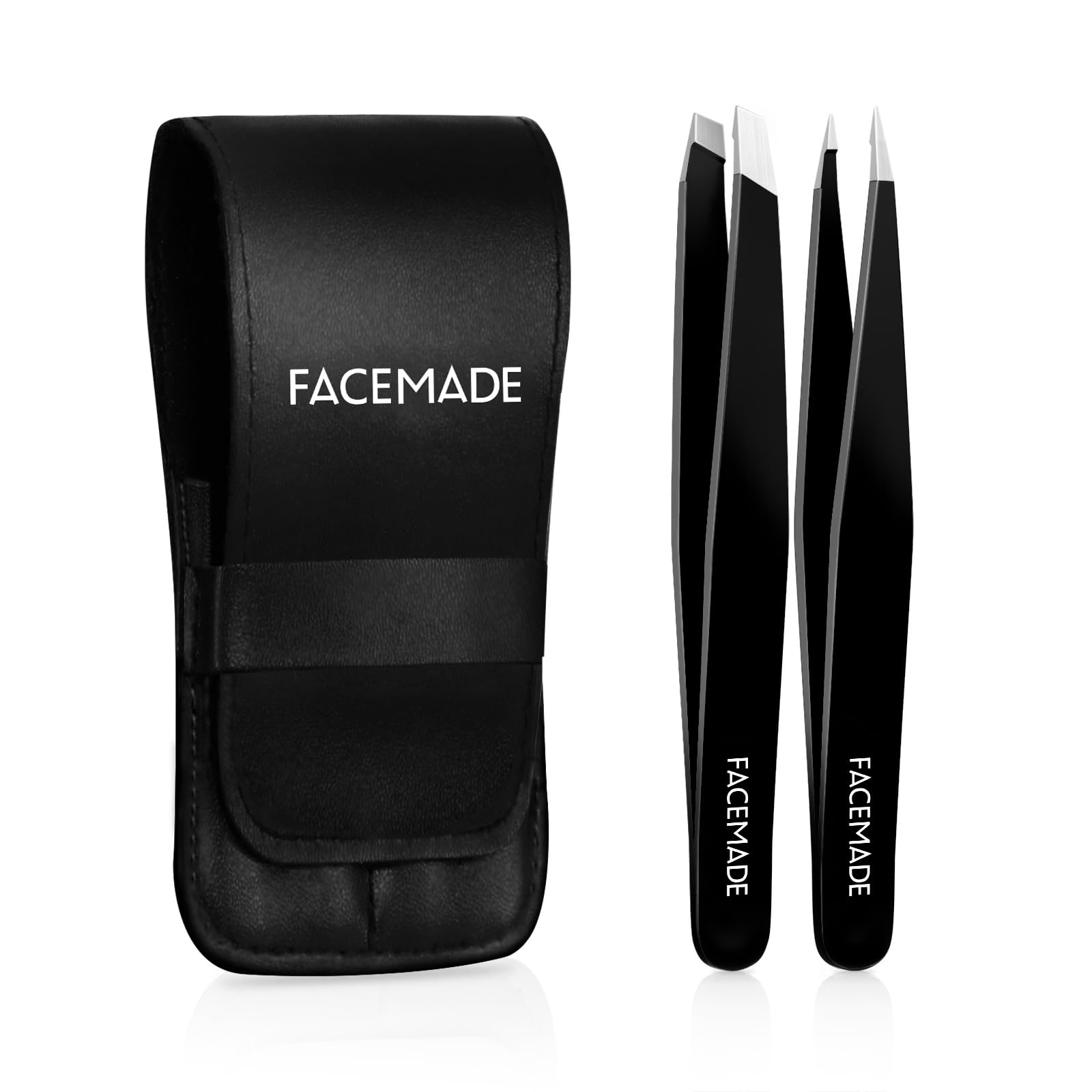 FACEMADE 2 Pack Tweezers Set - Professional Stainless Steel Tweezers for Men and Women, Precision Eyebrow Tweezers for Facial Hair, Chin, and Ingrown Hair Removal (Black)