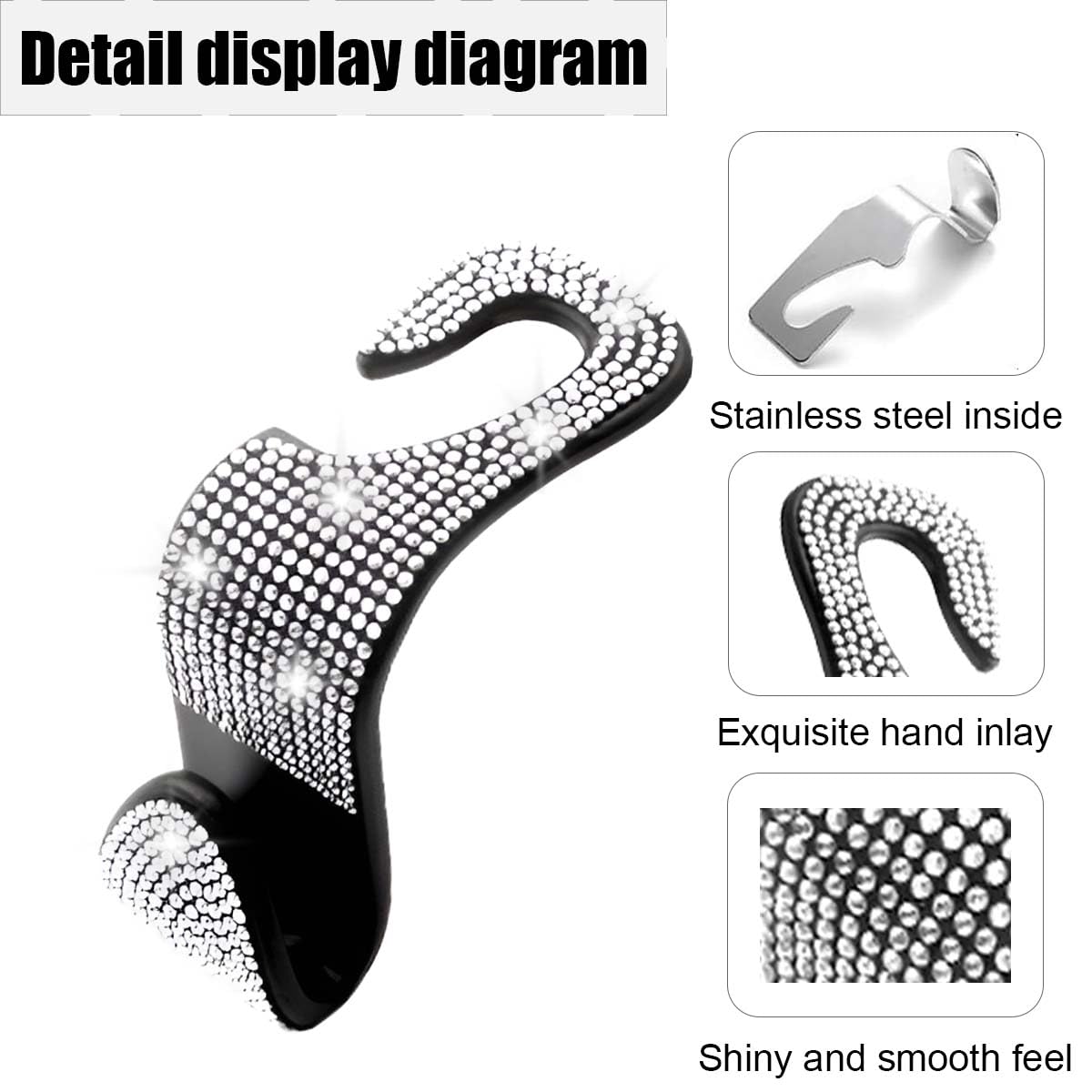 LAINLOY Lot de 4 crochets pour appuie-tête de voiture avec strass en cristal pour sac à main, accessoires d'intérieur universels pour SUV, voiture, camion (blanc)