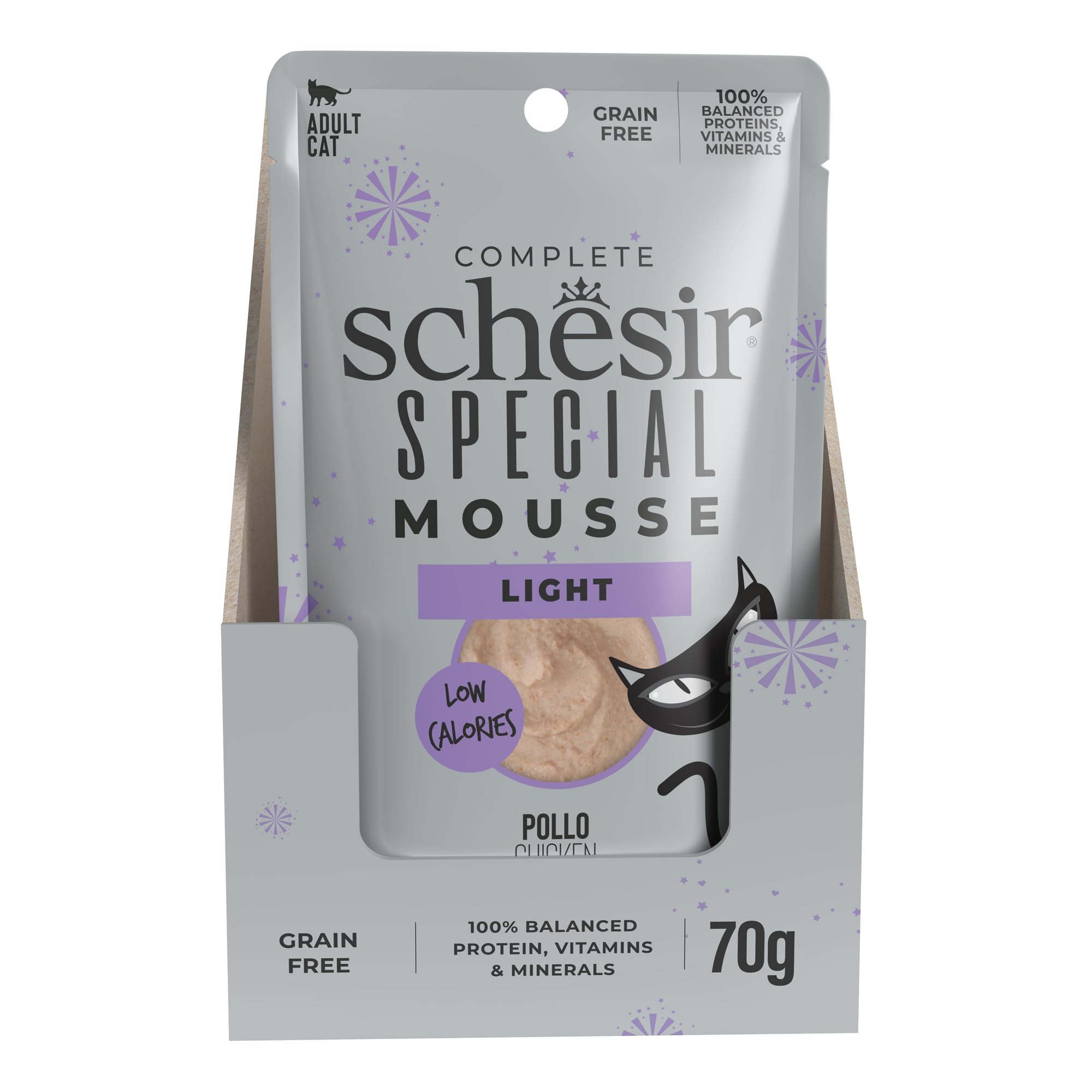 Schesir Special Light, Filetti di Pollo in Mousse, Alimento Umido Completo per Gatti, in Busta, Grain Free, Alto Contenuto di Proteine, Ricco di Idratazione, 12 x 70g