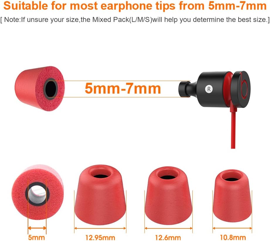 12Pcs Replacement Eartips- RIYO Premium Memory Foam Earphone Earbuds Tips Noise Reducing Earbud Tips for 5mm-7mm in-Ear Headphones Nozzle (Large, Red)
