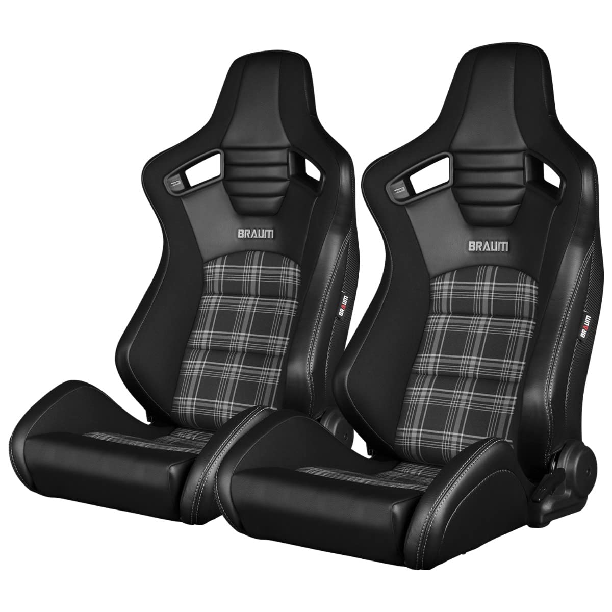 BRAUM Elite-S Series Racing Seats – Black and Grey Plaid Fabric with Black Leatherette Inserts – Reclining Seat Set with Carbon Fiber Backing – Set of