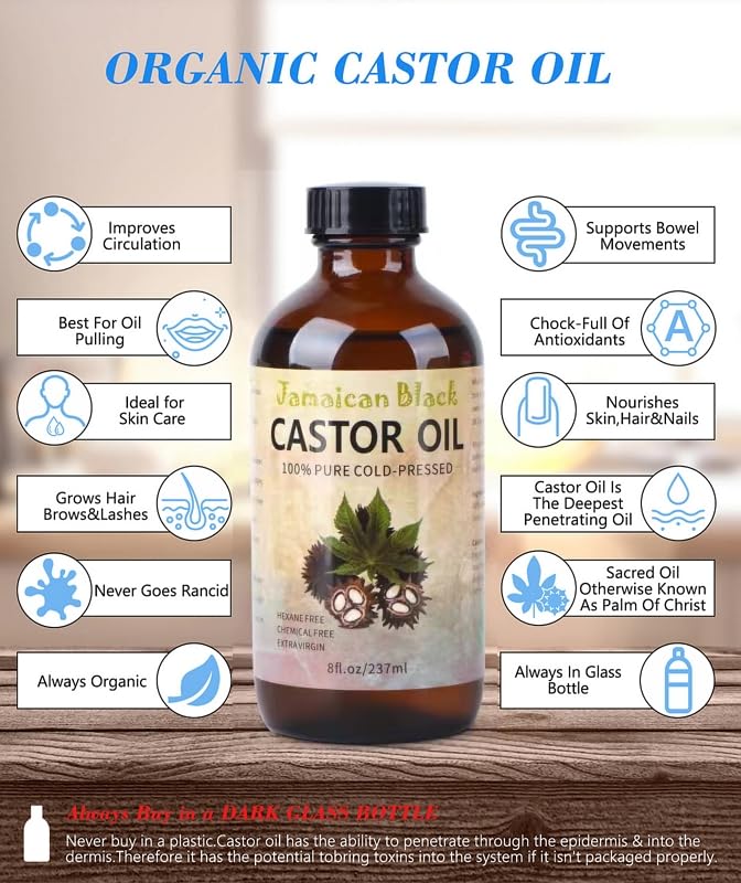 Jamaican Black Castor Oil, Organic Castor Oil Cold Pressed Unrefined Glass Bottle,Rich in Vitamin E, Omega Fatty Acids and Minerals Castor Oil for Face, Hair & Skin, Lashes & Brows, Nail Care 8OZ - Image 2