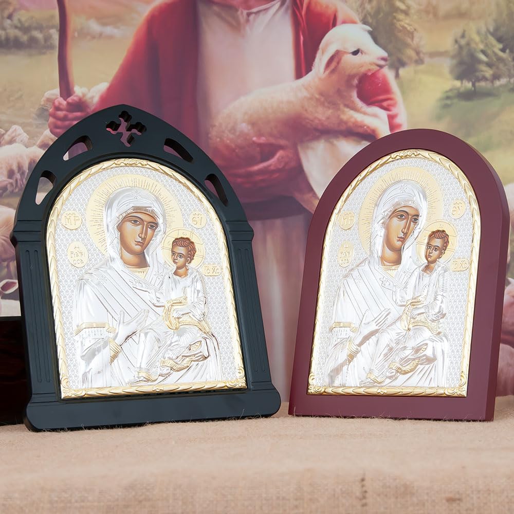 Icona ortodossa della Vergine Maria e Gesù Bambino, placcata in argento e oro, perfetta per la casa o la chiesa (rosso)