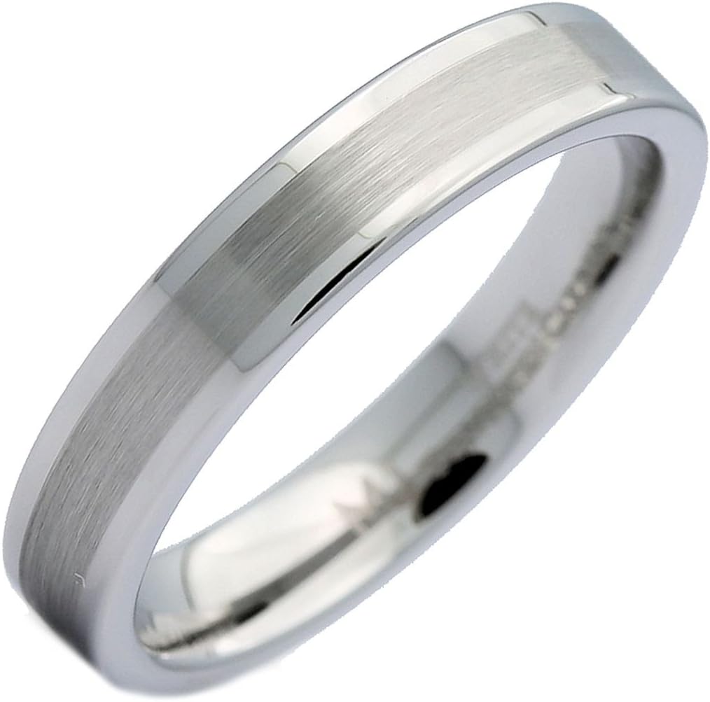 White Tungsten Carbide Brushed Center Flat Pipe Wedding Band 4mm Comfort Fit Ring