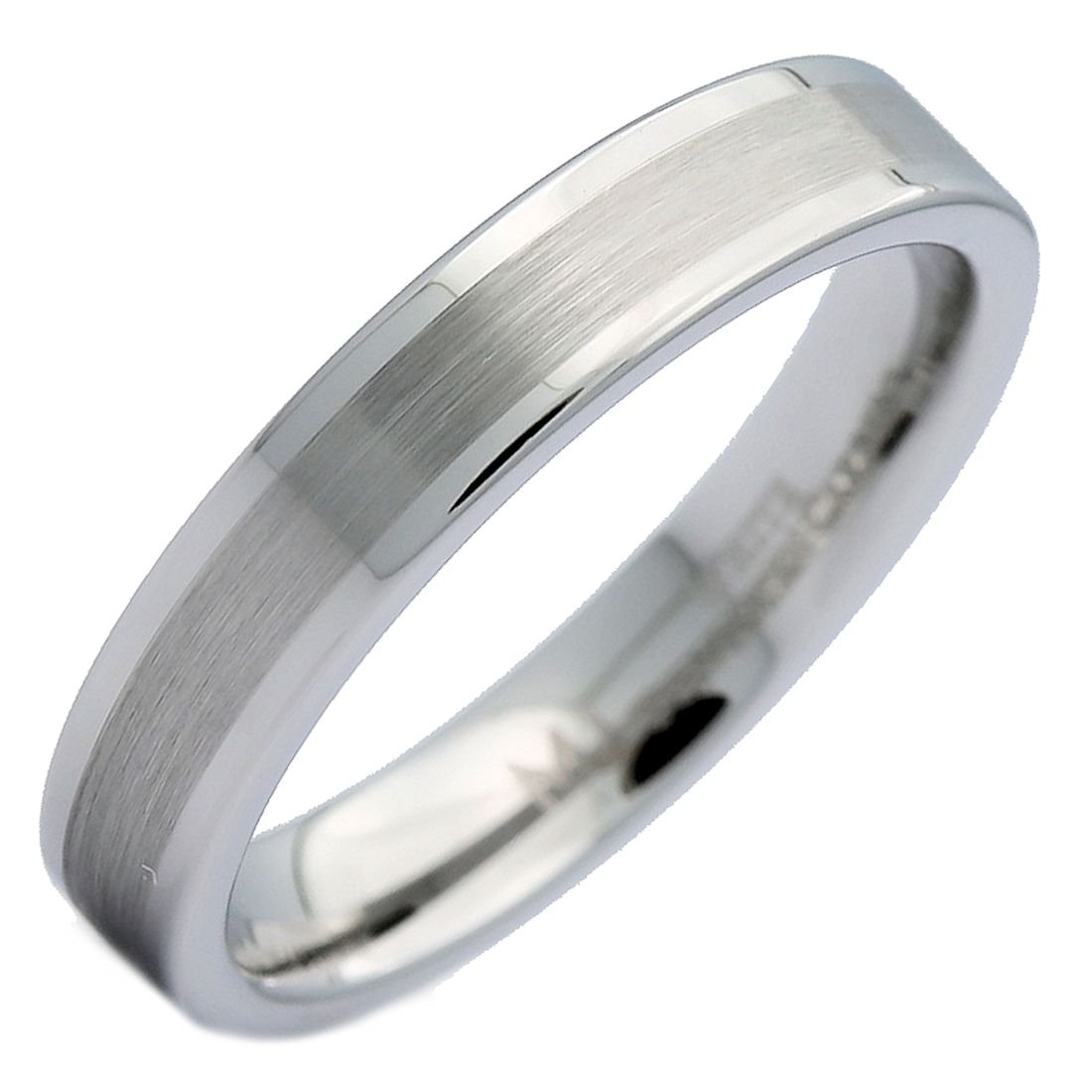 MJ Metals JewelryWhite Tungsten Carbide Brushed Center Flat Pipe Wedding Band 4mm Comfort Fit Ring