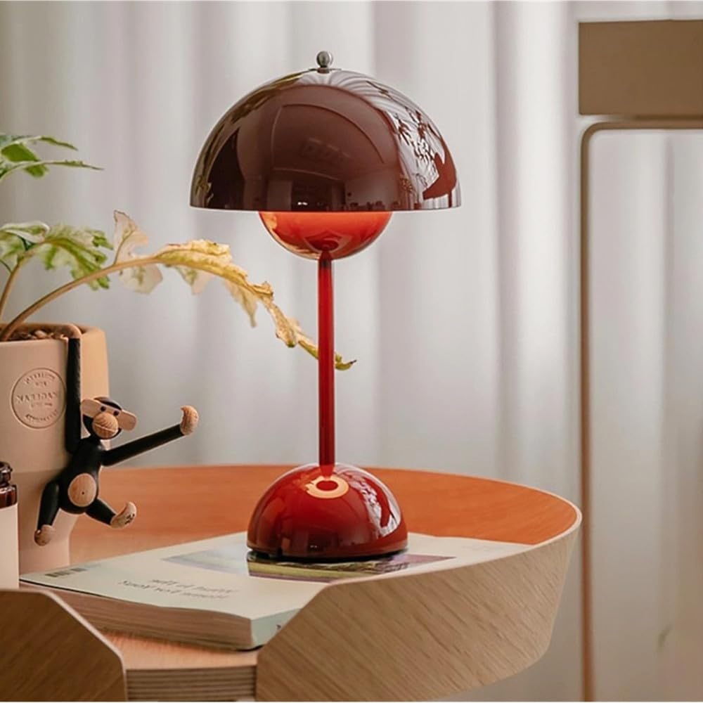 Trixes Wine Red Rechargeable Mushroom Table Lamp – Bistro Lamp – Cordless With 2000Mah Battery For Longer Use – Fully Dimmable, 3 Light Modes