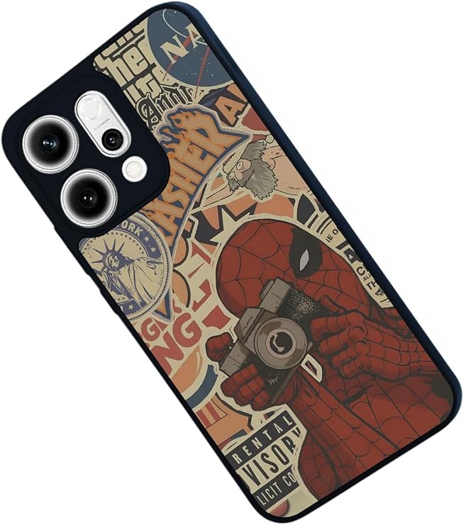 Oppo Reno 14 ile Uyumlu SpiderMan Baskılı Siyah Silikon Kılıf, Şok Emici Koruyucu Kapak