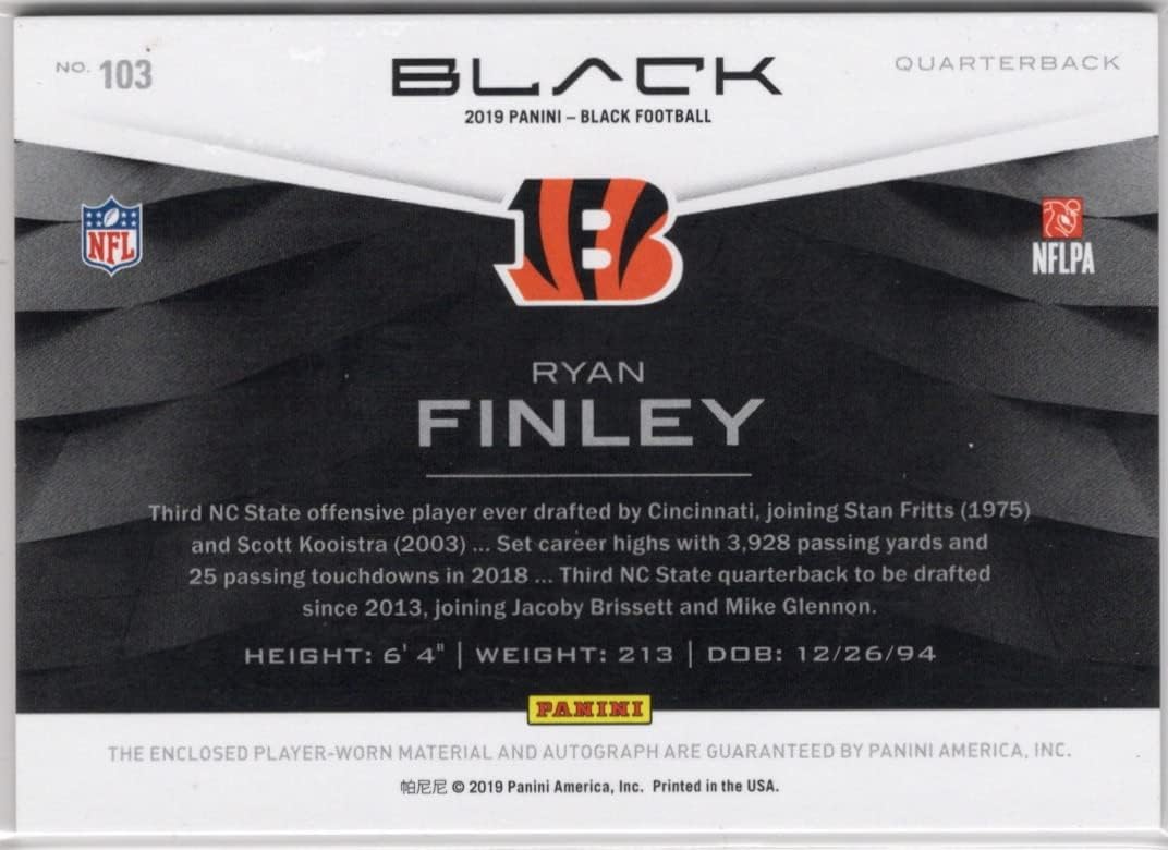 Ryan Finley Autographed & Serial Numbered #36/75 Black Memorabilia Rookie Card Collectible Football Card - 2019 Panini Black Football Card #103 (Bengals)