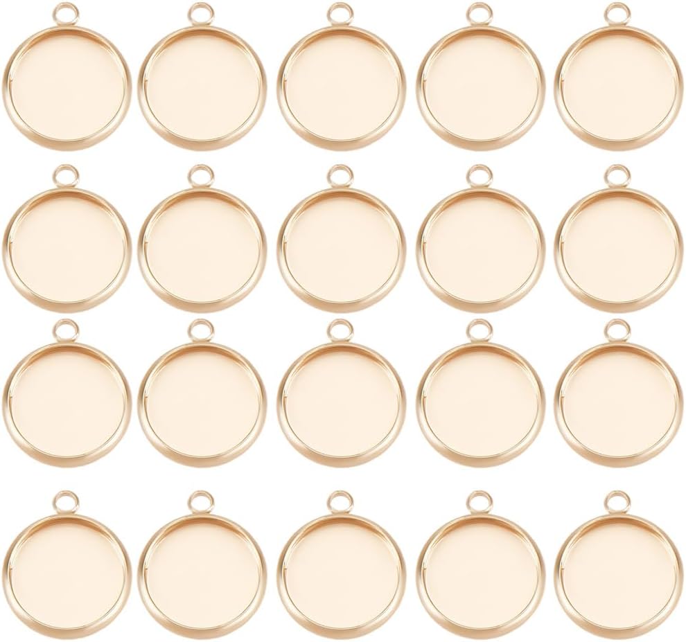 Beebeecraft 1 Box 24Pcs Round Blank Bezel Pendant Real 18K Gold Plated Cabochon Bezel Settings 10mm Tray Bezels Blanks Setting for Jewelry Making Charms Cameo Memorial Photo Necklace Earring DIY Craft
