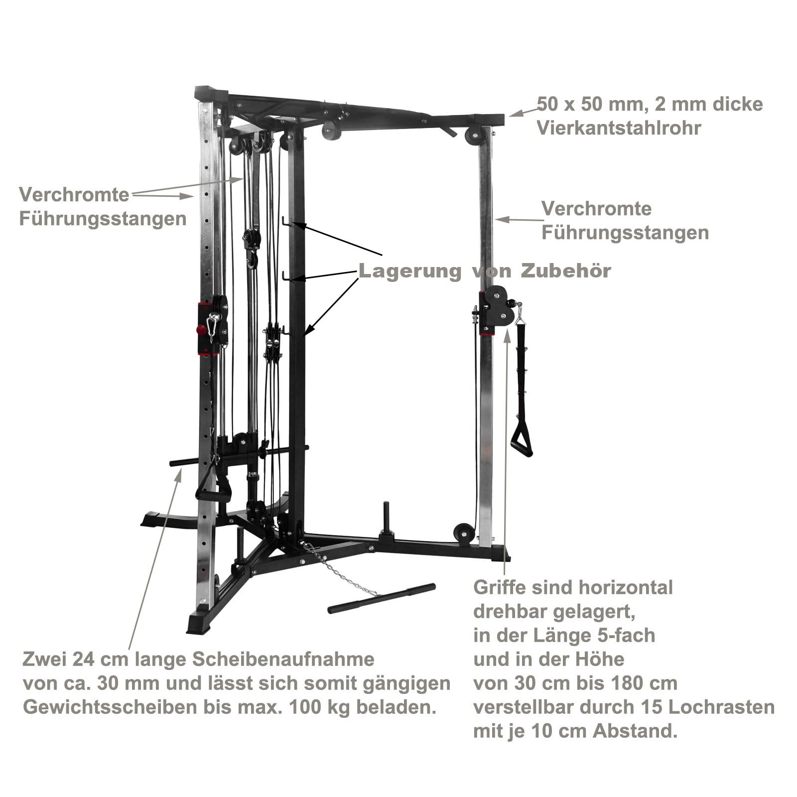 Train Hard® Kabelzug Trainer Latzugstation Kraftstation Cross Over mit Klimmzugstange, Bizeps- / Trizeps-Stange, geprüfte und zertifizierte Profi Qualität