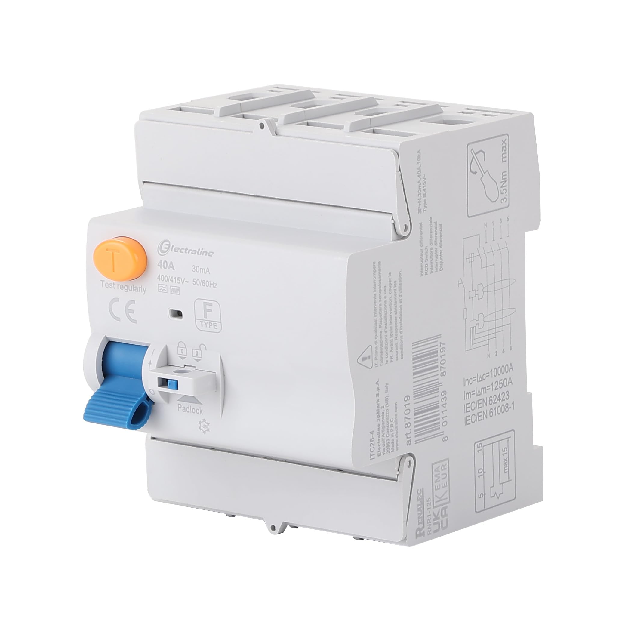 Electraline 87019 Interruptor diferencial de 40 A, sensibilidad 30 mA, 10 kA trifásico, tipo B