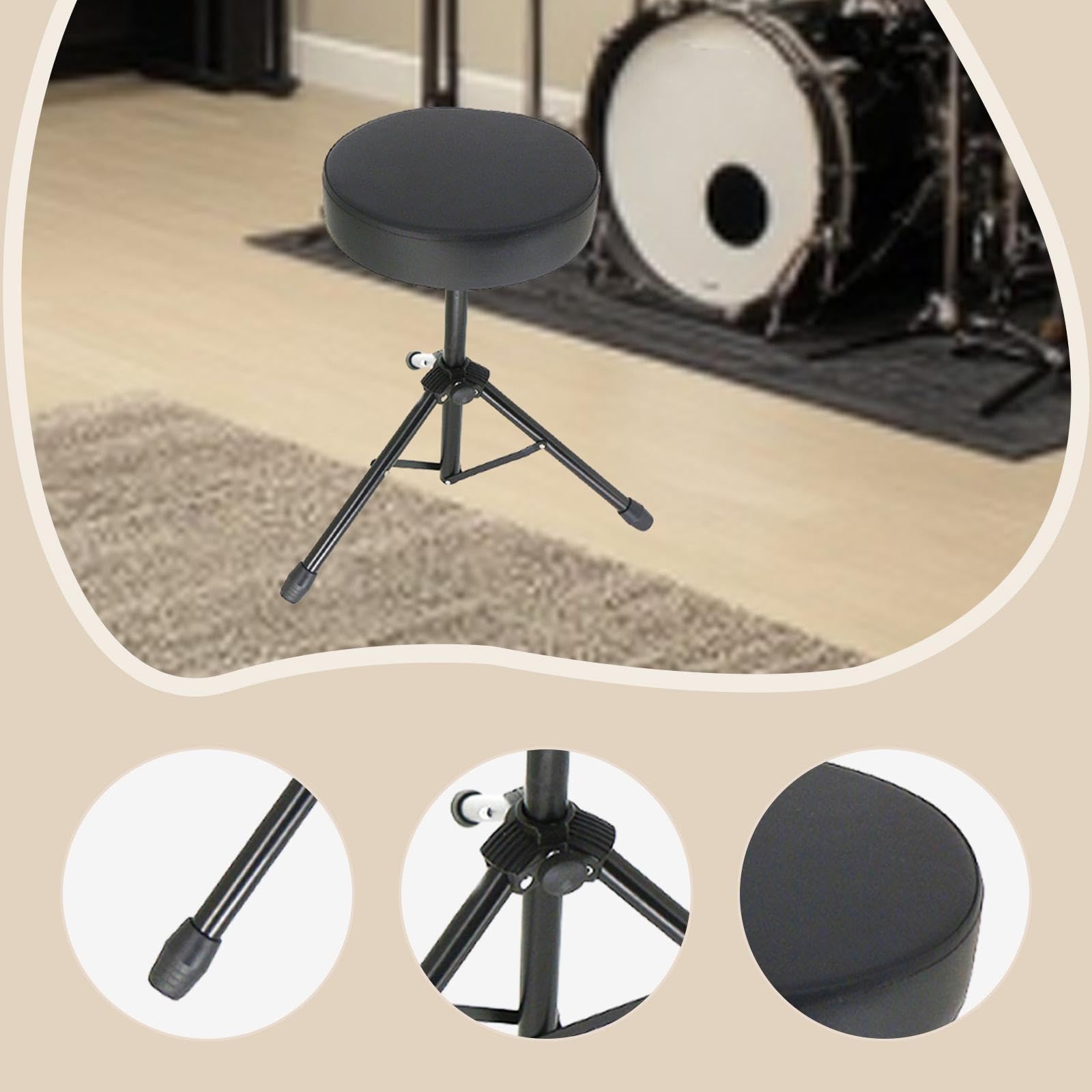Trono de Batería, Banco de Música, Plegable, Cómodo, Antideslizante, Acolchado, Asiento de Batería Fabricado en PU para Práctica de Espectáculos,