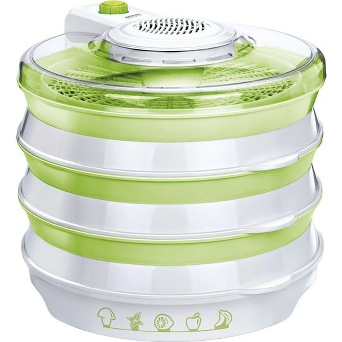 MPM MSG-06 Déshydrateur Alimentaire Électrique, Pliable, 6 Plateaux 30 cm, sans BPA, 2 Niveaux de Puissance, Sèche les Fruits, Légumes, Viande, Herbes, 400W, Blanc/Vert
