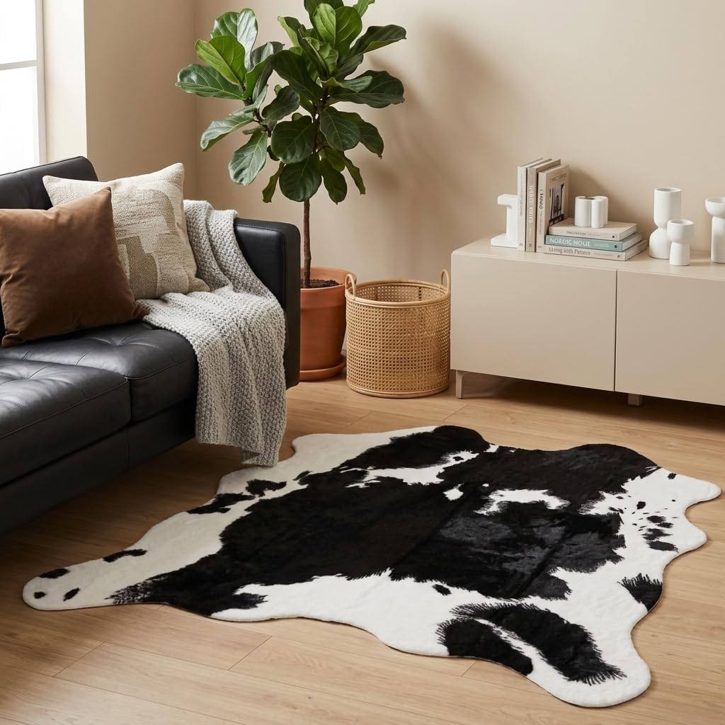 Cow Print Area Rug, Faux Cowhide Rug, Modern Farmhouse Western Living Room Bedroom Carpet Decor, Non-Slip 4'7" x 5'3"（140x160cm）