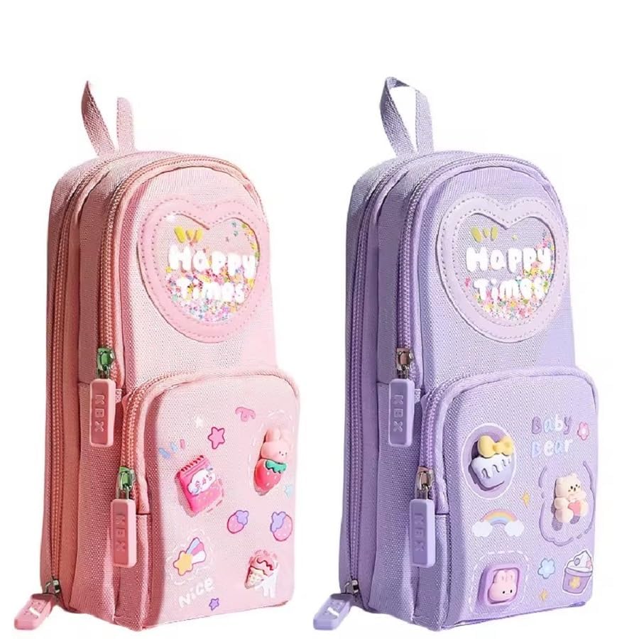 Image of Kawaii Pencil Pouch 3 Compartment Cute Pencil Case Aesthetic Pencil for Girls Large Capacity Pen Pencil Case Multifunctional Stationery Organizer for Kids (Happy Time Combo)