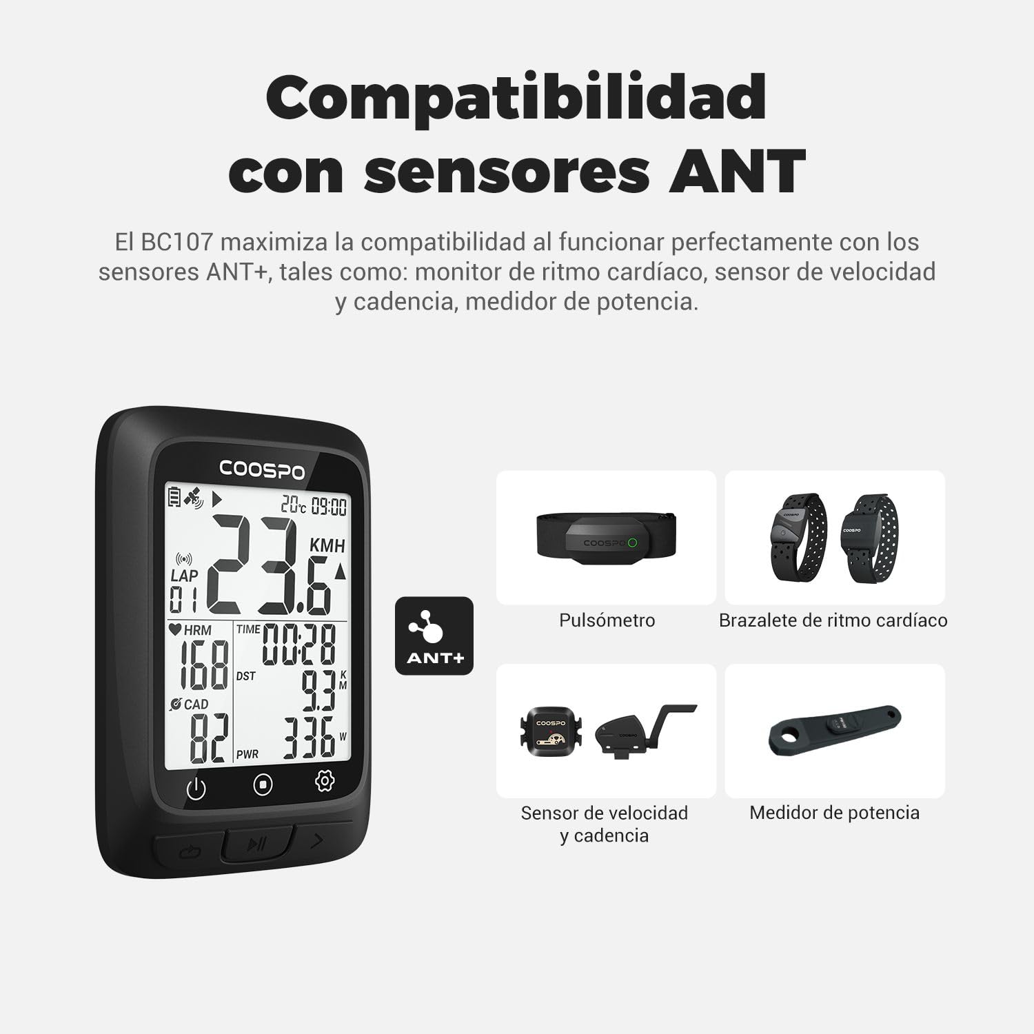 COOSPO BC107 GPS Computadora de Bicicleta Ant+/ BLE5.0, Ciclocomputador Bici Inalambrico IP67 Impermeable de 2,4" Retroiluminada Autonomía Pantalla