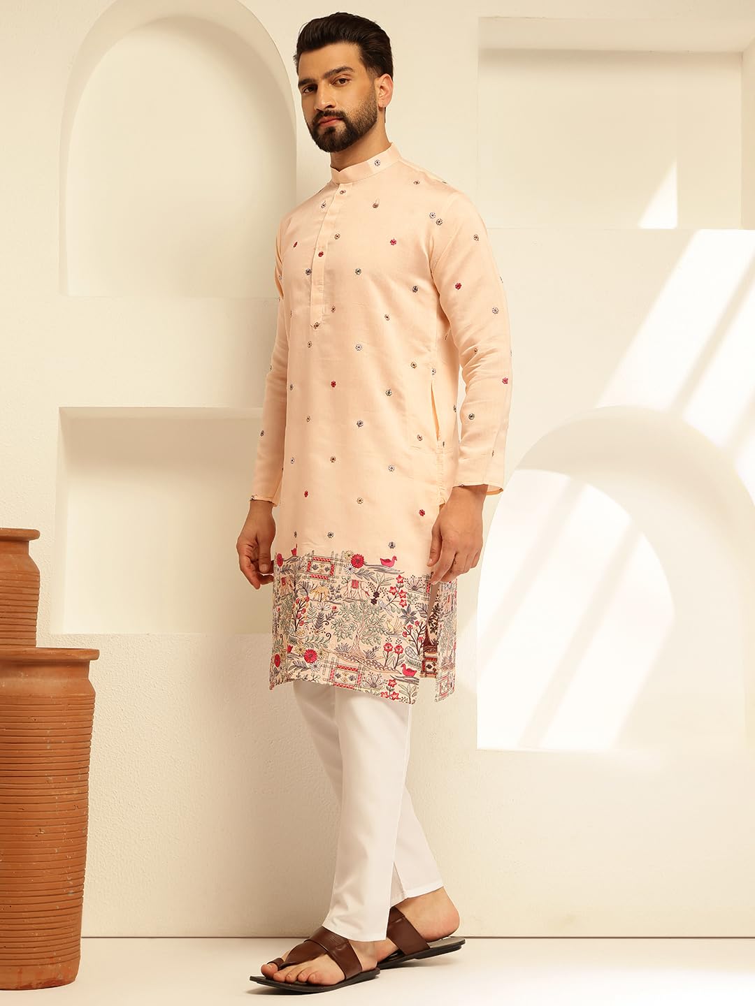 Sojanya (Since 1958 Men's Cotton Silk Daman Embroidered Peach Long Kurta