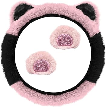Fluffy Car Steering Wheel Cover, 15" Comfortable Plush Cat Ears Steering Wheel Protector with Bear Ears Rearview Mirror Decoration, Winter Warm Car Interior Accessories for Women Pink