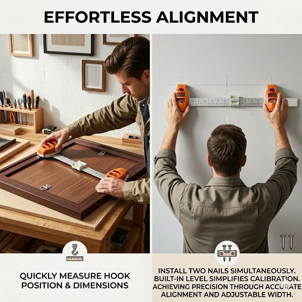 Picture Hanging Tool with Level, Adjustable Marking Ruler – No Measuring Needed, Precision Wall Mount Kit for Frames, Shelves & Mirrors – Easy, Fast & Accurate Alignment Tool