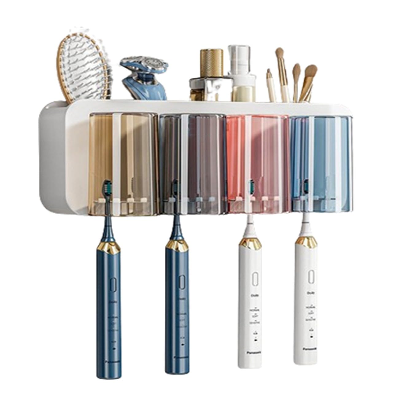 Porta Spazzolino da Muro,Porta Spazzolini Bagno in Plastica, Portaspazzolino Elettrico,con Fessure per Spazzolino,Tazze E Scatola Portaoggetti Cosmetica,Salvaspazio E Estetica,4 Cups