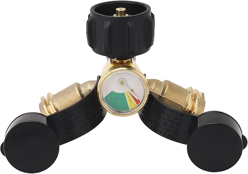 2 Way Gas Splitter Y Type Brass POL to Qcc1 with Gauge for BBQ Grill, Heaters, Compatible with 20lb Tanks, Safe Gas Control, Easy Installation, for Gas Appliances