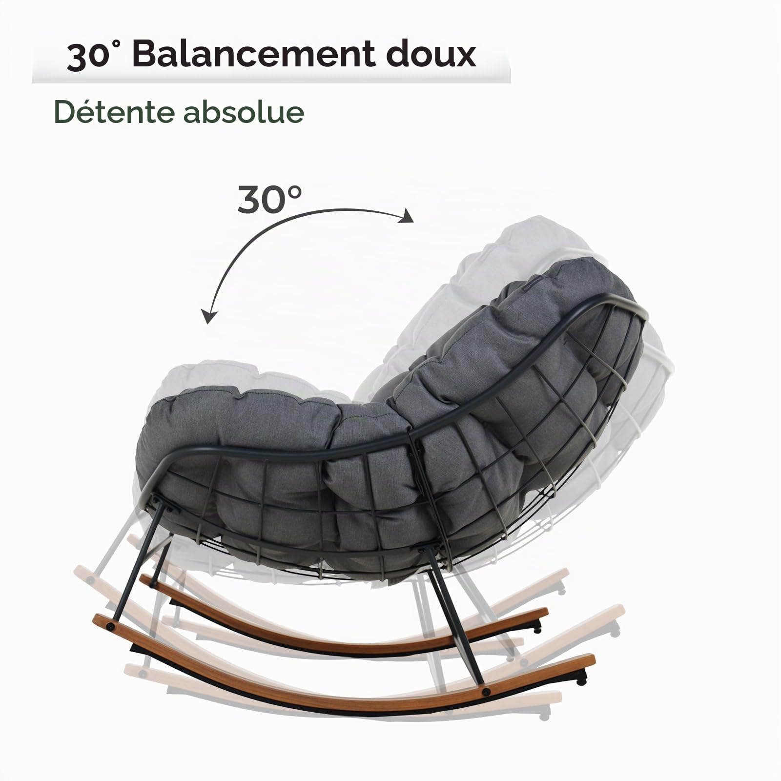 Grand patio Fauteuil à bascule de jardin, à bascule, pour salon, relaxation, avec rembourrage, charge maximale : 150 kg, pour jardin, chambre à coucher, salon, coin, véranda, gris clair (Gris foncé)