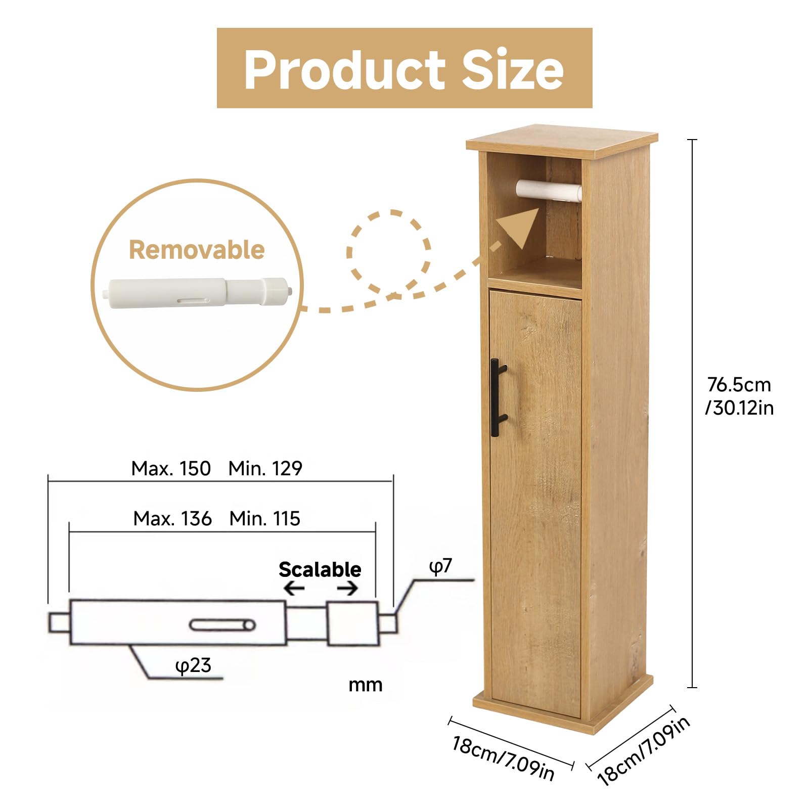 XZ-23014 Armario de Baño Alto y Estrecho con Compartimentos – Mueble Organizador para Papel Higiénico – Columna de Almacenaje 76,5 cm – Puerta con Manija Metálica – Color Roble