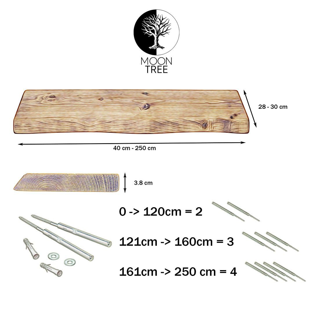 MoonTree Rustykalna półka ścienna, jaskrawa krawędź, 120 cm x 30 cm x 3,8 cm, efekt ciemnego dębu