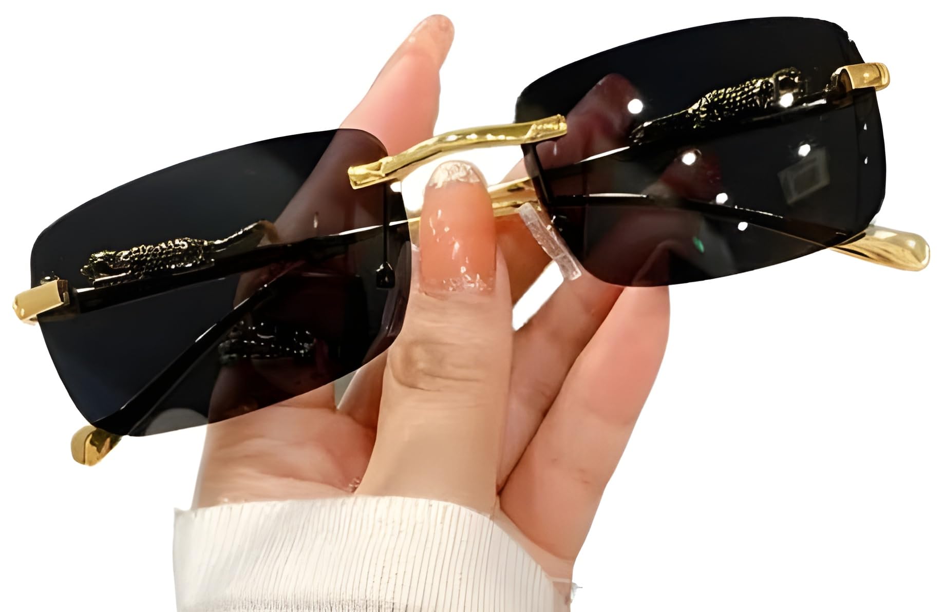 Honey Singh Rimless uinsex Sunglasses Retro Luxury Metal Frameless Rectangle Leopard Arms Colored Lens (E-3)