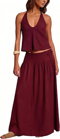 Women 2 Piece Skirt Set Summer V Neck Backless Halter Cami Crop Top and Flowy A Line Maxi Skirt Trendy Matching Sets