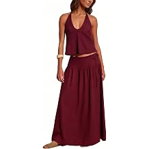 Women 2 Piece Skirt Set Summer V Neck Backless Halter Cami Crop Top and Flowy A Line Maxi Skirt Trendy Matching Sets