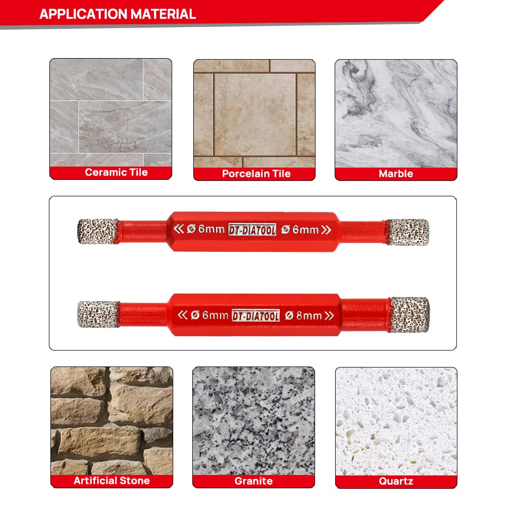 Zestaw wierteł do płytek diamentowych, DT-DIATOOL porcelanowa piła otworowa z chwytem sześciokątnym podwójna końcówka 6-6 mm do wiercenia ceramicznego marmuru sztucznego kamienia granitu 5 szt