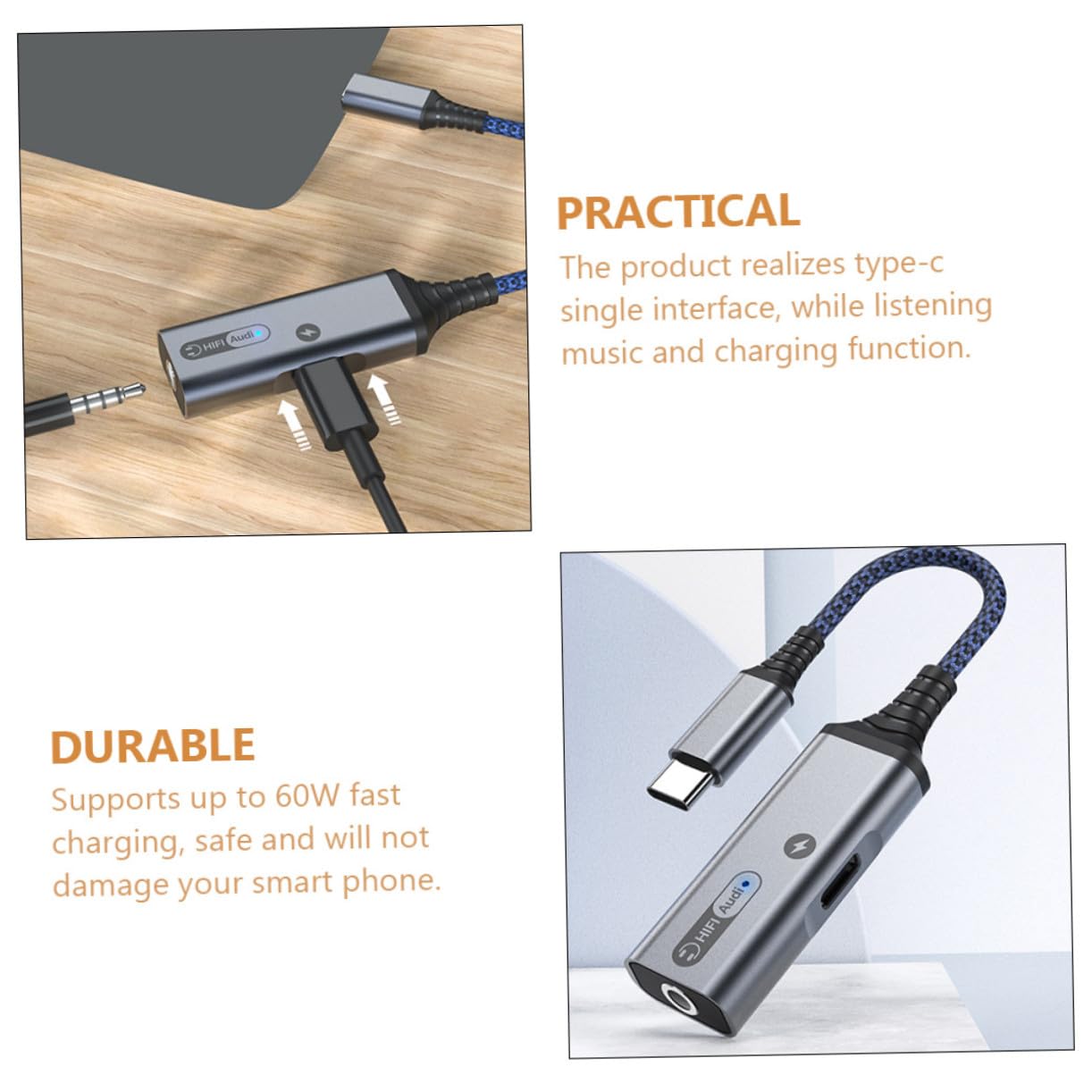 USB Typ-c Konverter 60w Kopfhörer Audioadapter mit Ladefunktion | 3, 5-mm Klinke, Aluminiumlegierung und Abs, Type C-anschluss für Smartphone und Notebook, 384 Khz 32 Bit