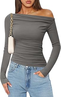 Womens Off Shoulder Long Sleeve Tops 2025 Fall Casual Boat Neck Ruched Slim Fit Going Out Y2k Shirts Blouses