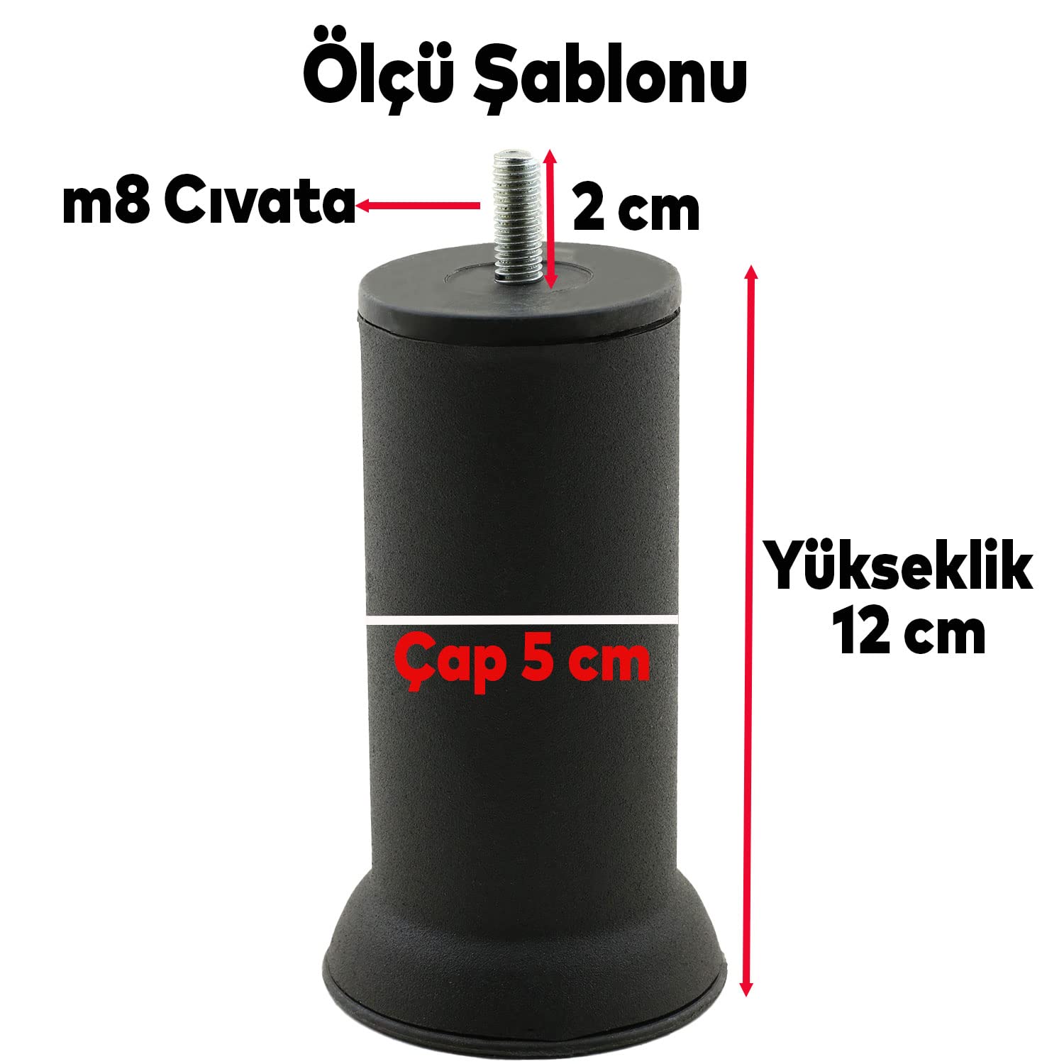 Badem10 Mobilya Baza Metal Kanepe Koltuk Destek Ayağı M8 Cinanatalı İnce Diş Siyah Metal Ayak 12 Cm 8 ADET, Badem10, Small
