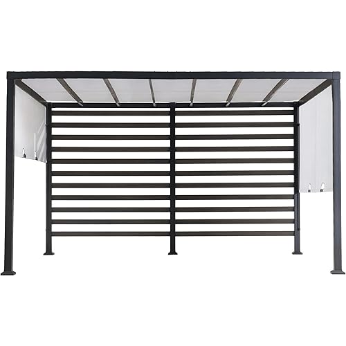 Sunjoy Outdoor Pergola 10 x 12 ft. Steel Pergolas with White Adjustable Shade and Privacy Screen for Backyard, Garden Activities