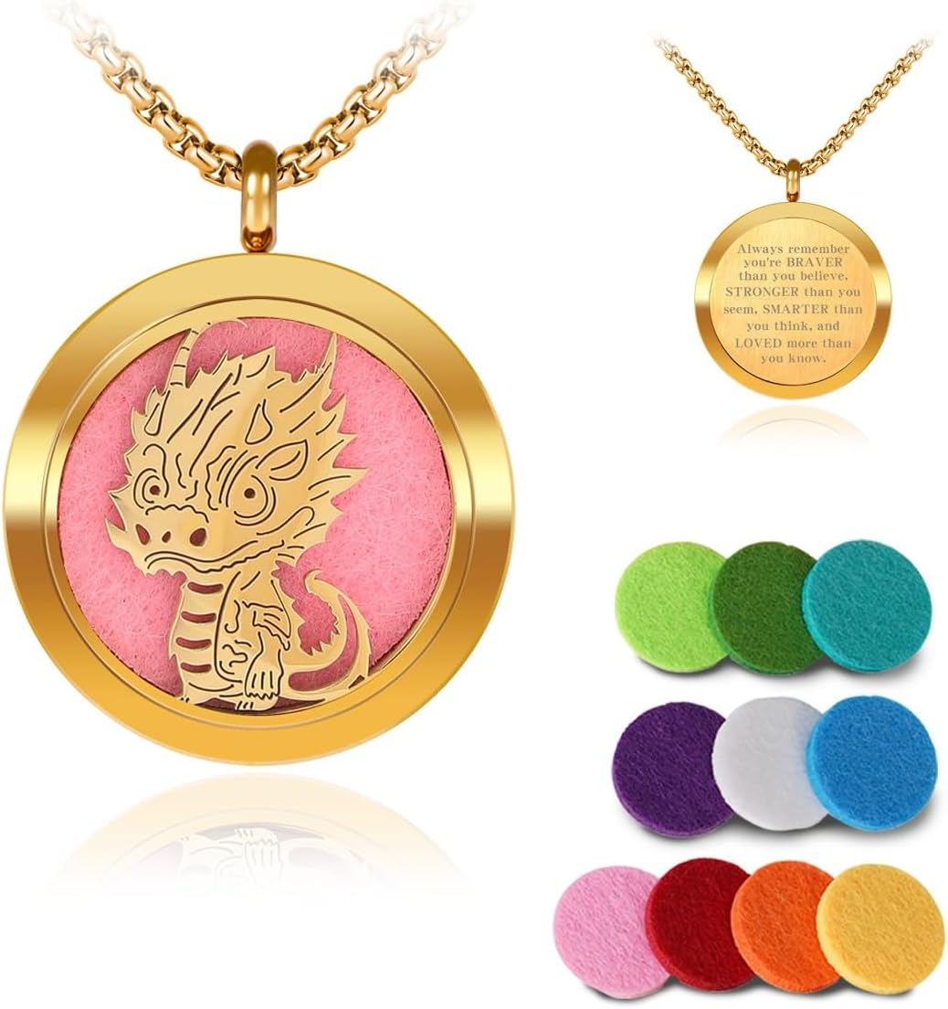 Aromatherapy Diffuser Necklace-Dinosaur Essential Oil Necklace,Aromatherapy Diffuser Pendant for Men and Women,Portable,Suitable for Yoga,Meditation,Travel,Stress Relief Gift(Gold 30mm)