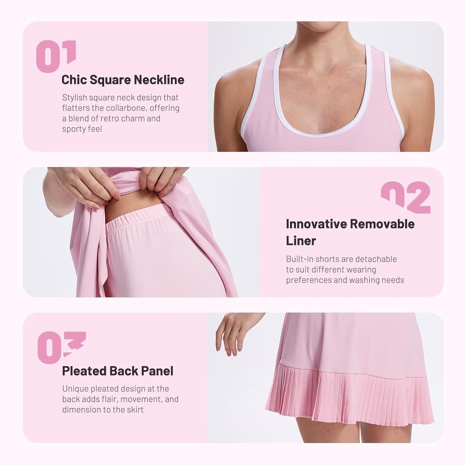 Women's Tennis Dress with Built-in Shorts, Square Neck Racerback Pleated Back for Tennis Pickleball Golf Gym