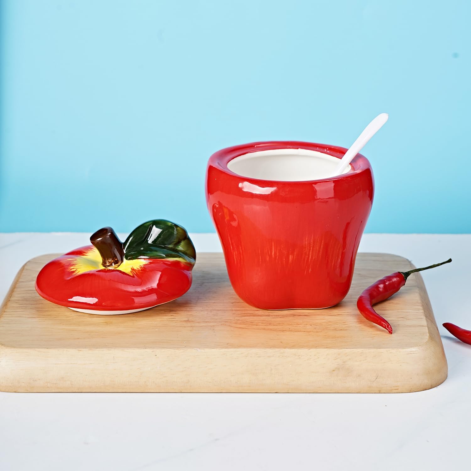 Hand-painted Ceramic Fruit Shape Sugar Bowl Spice Jar Seasoning Pot with Lid Spoon (Apple)