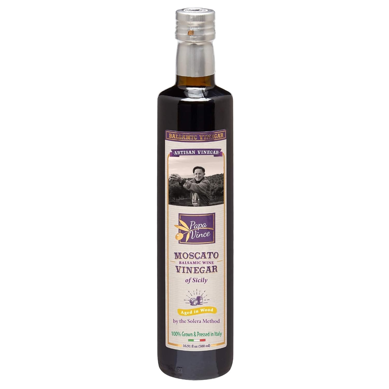 Papa Vince Aged Balsamic Vinegar - No Sugar, No Sulfites Added, No Pesticides. Made from freshly crushed whole grapes grown in Sicily, Italy, Minimally Processed, Delish subtle wine finish