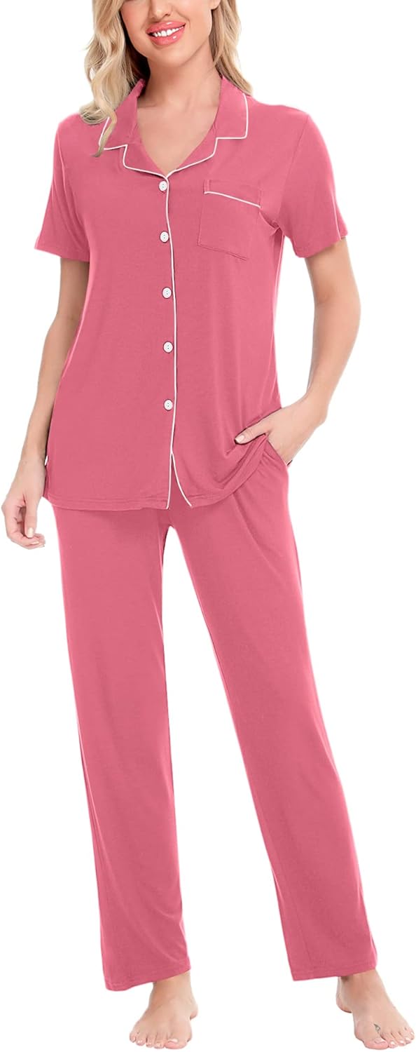 SWOMOG Women Pajama Sets Two-Piece Nightwear Short Sleeve Sleepwear Button Down Pj Lounge Sets with Long Pants