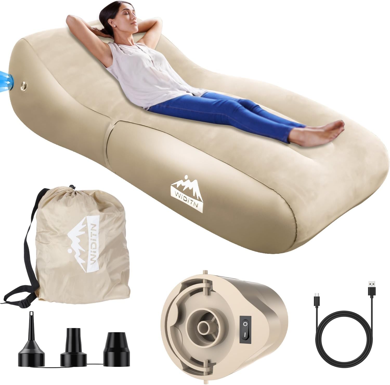 Luxury Inflatable Lounger Ultra-Wide 35.4 โ, Self Inflatable Couch with Built-in Pump, Comfortable Top Surface Camping Mattress, Portable Blow Up Sofa Air Chair for Home Outdoor Camping