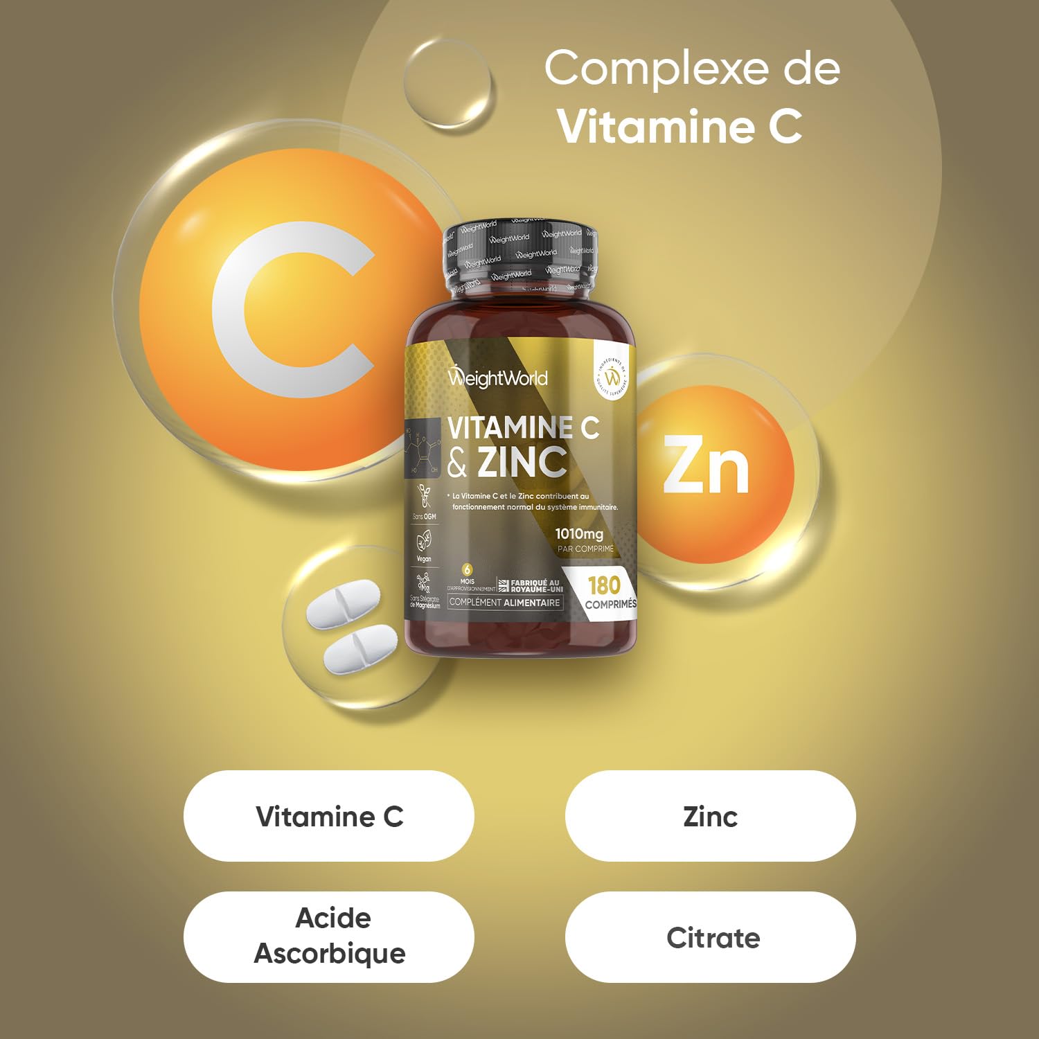 Vitamine C 1000mg avec Citrate de Zinc, 180 Comprimés Vegan Sécables pour 6 Mois d'Approvisionnement, Vit C Acide Ascorbique avec Zinc, Vitamines Adultes sans Stéarate de Magnésium