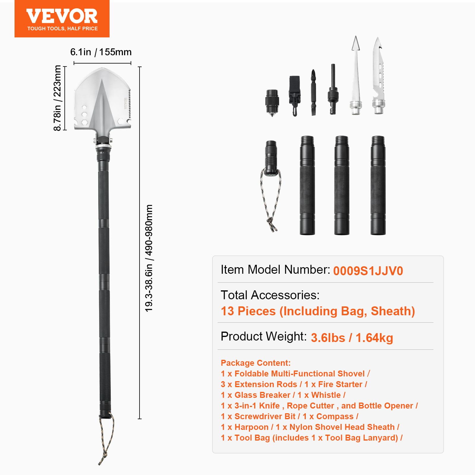 VEVOR Pelle de Survie Pliante, Pelle de Camping multifonctionnelle 13 en 1, Pelle Tactique compacte Portable de qualité Militaire, pour Tout-Terrain, Camping, randonnée, extérieur, Survie, Urgence
