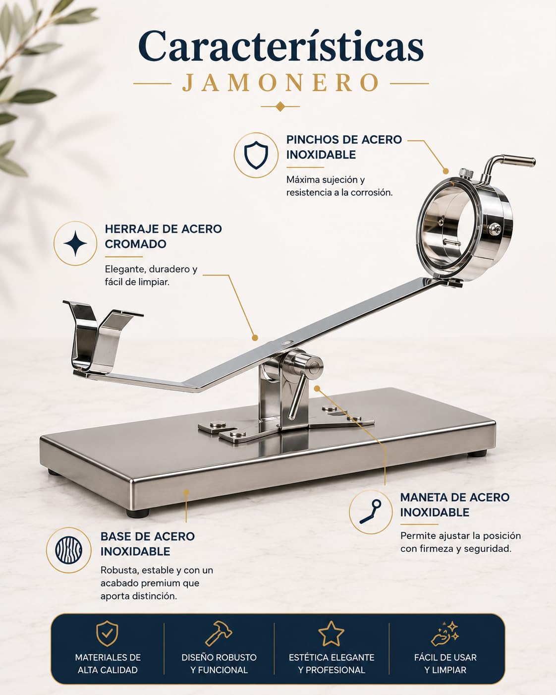 FERRETERIA LEPANTO Jamonero Inoxidable Basculante Giratorio, Jamonero con Base INOX, Soporte jamonero con Base Inoxidable para Jamones y Paletillas.