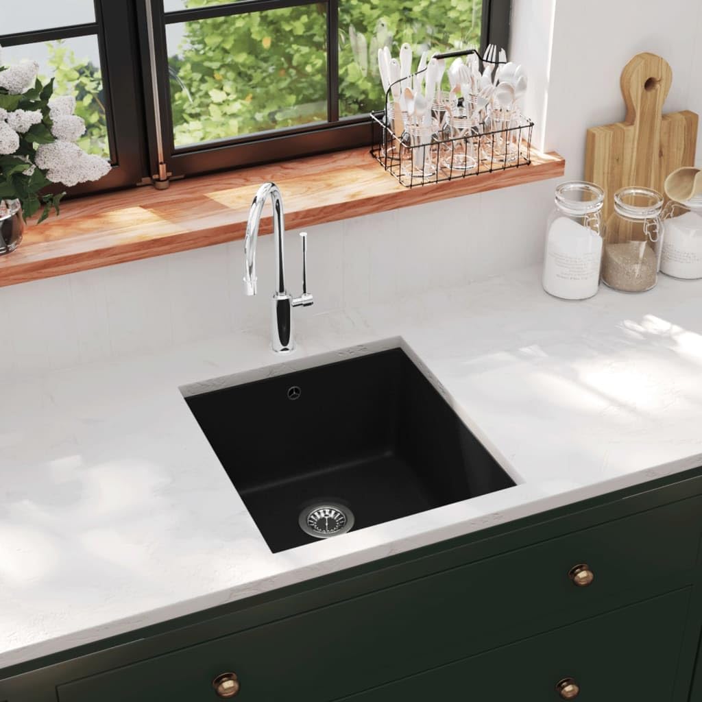 Fregadero De Cocina De Granito Con Un Seno Profundo, 80% Cuarzo y 20% Resina, Resistente y Fácil De Limpiar, kitchen sink, Fregadero Bajo Encimera, Apto Para Cocinas y Lavaderos, Negro, 420x460x310 mm
