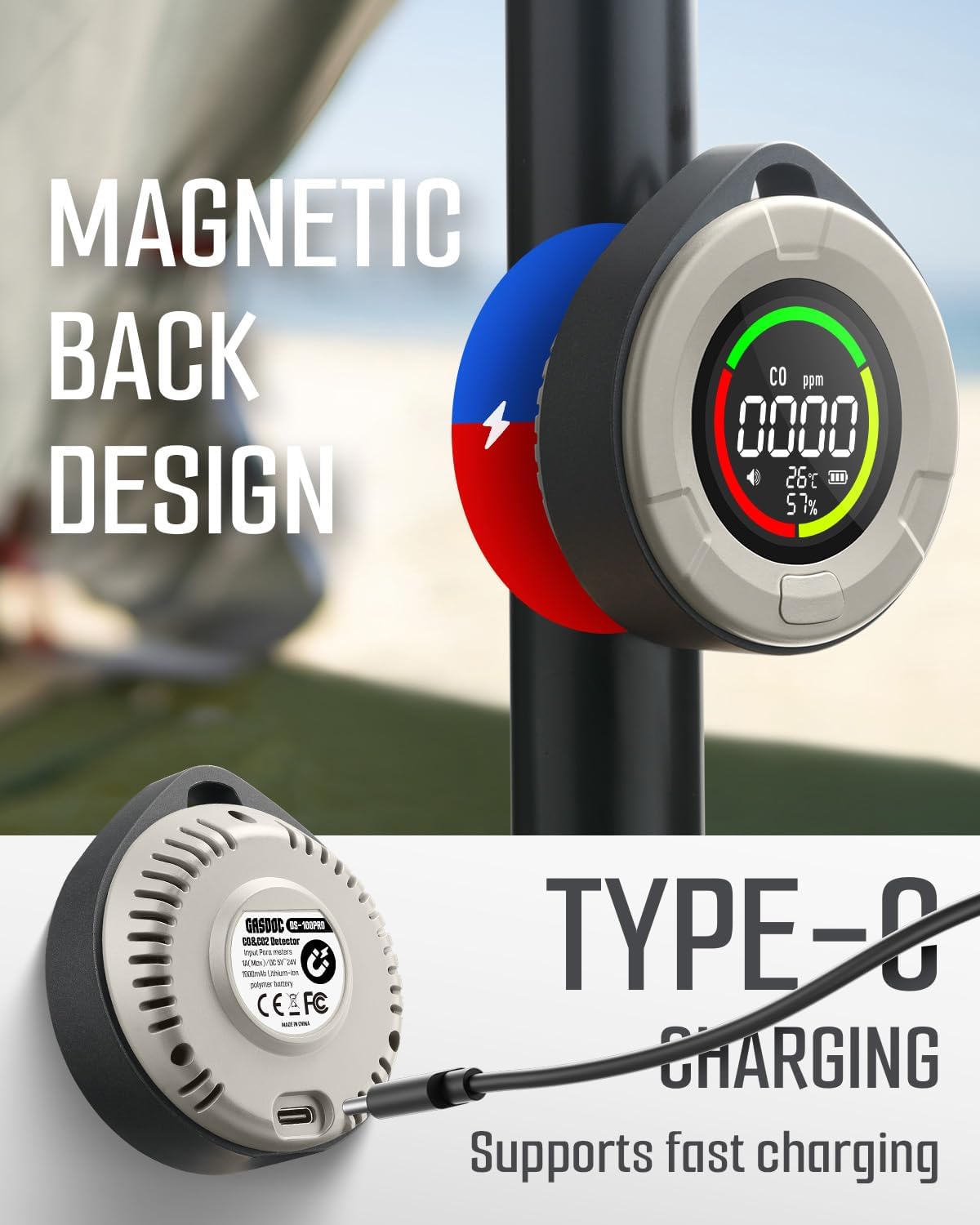 DS-100PRO Portable CO & CO2 Detector for Travel, 4-in-1 Magnetic Carbon Monoxide and Carbon Dioxide Detector, Audible & Visual Alarm, 3-Day Standby, CO & CO2 Monitor for Home, Tent, RV - Image 3